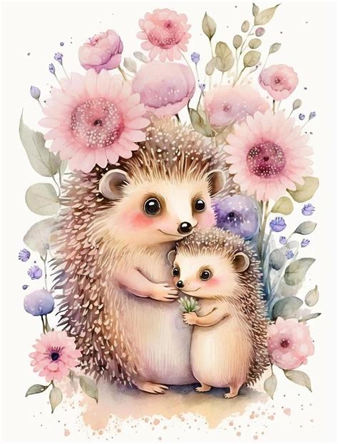 A Watercolor Illustration Of Two Hedgehogs With Flowers Premium Ai