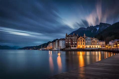 Una ciudad de noche con un lago y montañas al fondo Foto Premium