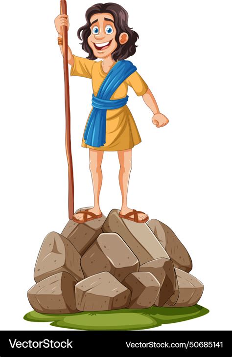 Cartoon shepherd boy standing atop a pile of rocks