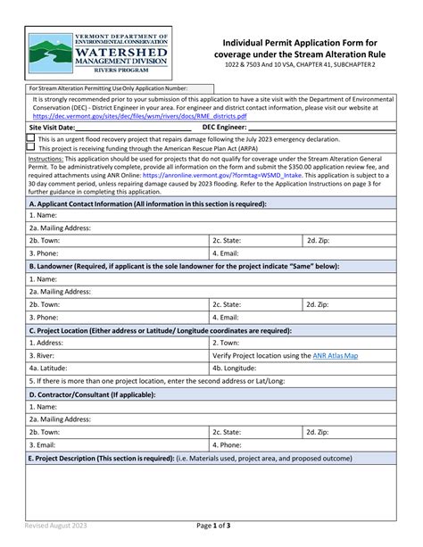 Vermont Individual Permit Application Form For Coverage Under The