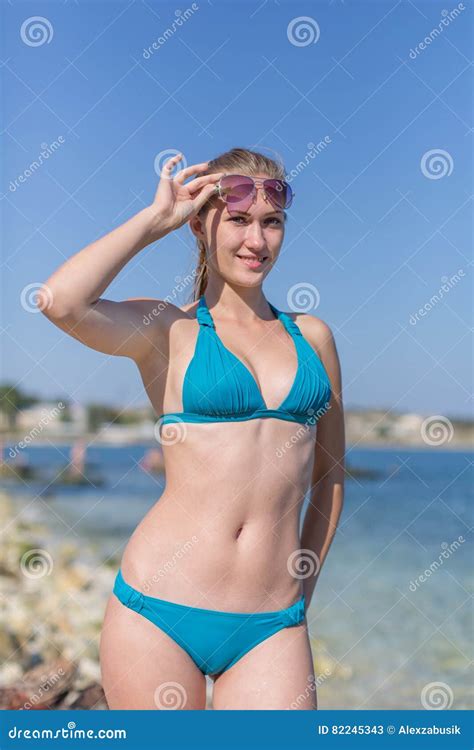 Attractive Girl In Blue Bikini At The Sea Stock Image Image Of Blue