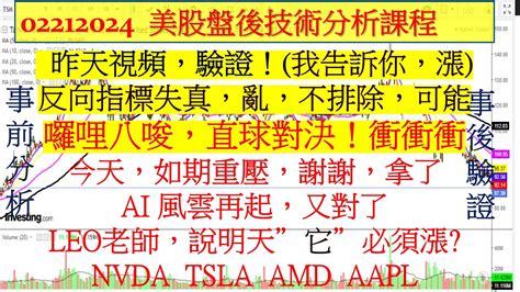 美股盤後課程！昨天視頻，驗證！ 我告訴你，漲 反向指標失真，囉哩八唆，直球對決！衝衝衝！今天，如期重壓，謝謝，拿了ai 風雲再起，又對了nvda Tsla Amd Aapl 02212024