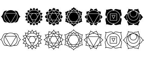 Outline Silhouette Seven Chakra Symbols Set Isolated On White