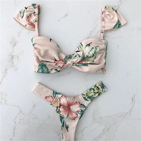 Flower Print Bikini Set Swimwear Women Chest Knot Swimsuit Sexy