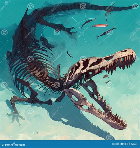 Vivid Baryonyx Skeleton in Dazzling Turquoise Sea Stock Illustration ...