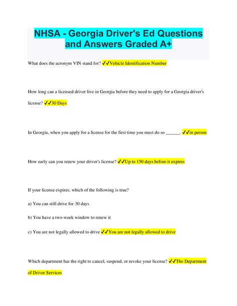 NHSA Georgia Driver S Ed Questions And Answers Graded A Browsegrades