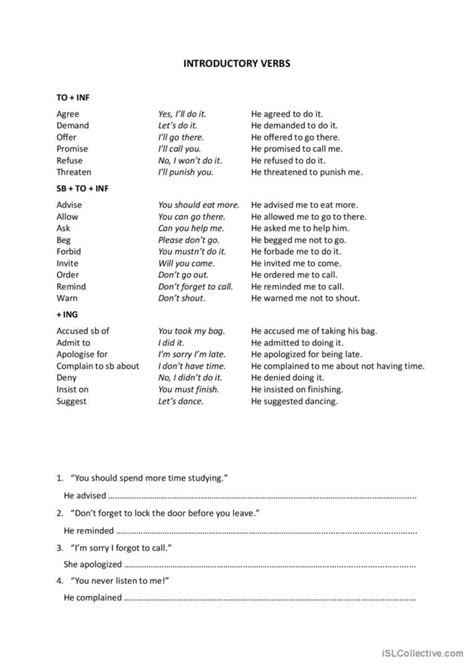 INTRODUCTORY VERBS English ESL Worksheets Pdf Doc