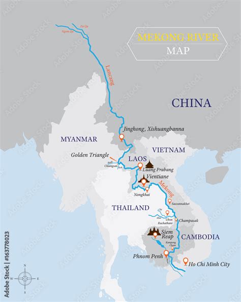 Mekong River Map With Country And City Location Stock Vektorgrafik