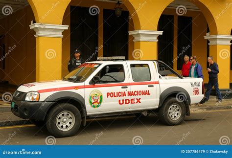 Police Car Provides Security Near Plaza De Armas In Lima Peru