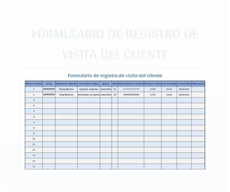 Plantilla De Excel Formulario De Registro De Visita Del Cliente Y Hoja