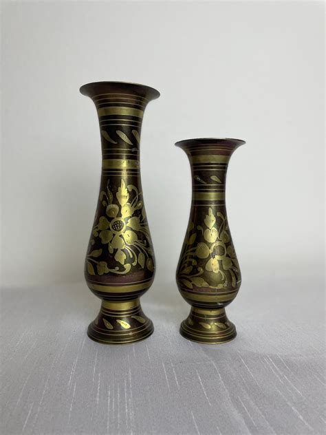 Pair Of Vintage Etched Brass Vases Made In India Wedding Decor Vintage Brass Home Decor Etsy