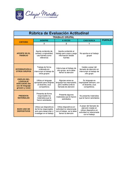 Rubrica DE Evaluacion Trabajo Grupal Rúbrica de Evaluación