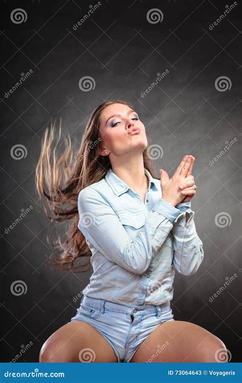 Woman Having Fun Pretending Hand Finger Is A Gun Stock Image Image