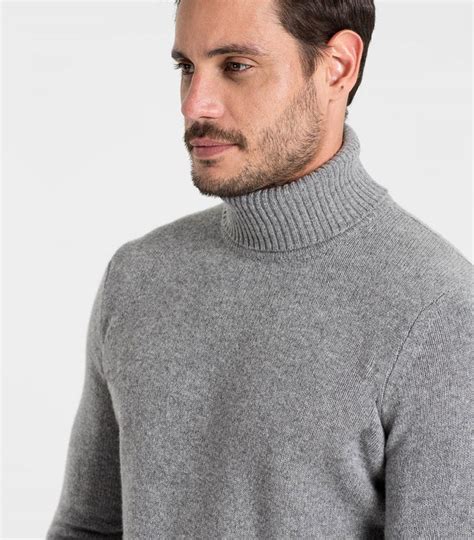 Flannel Grey Pure Lambswool Mens Lambswool Polo Neck Jumper