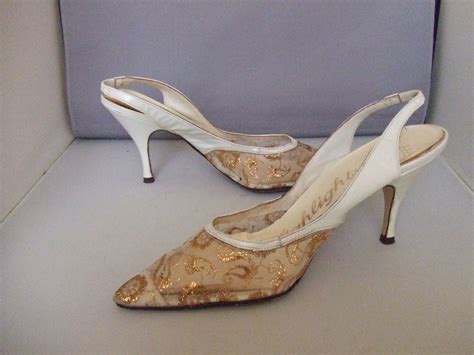 1960 S Lotus Evening Shoe White Leather With Gold Embroidered Gauze Shoe Clips Evening Shoes