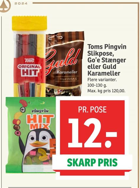 Toms Pingvin Slikpose Goe Stænger eller Guld Karameller tilbud hos SPAR