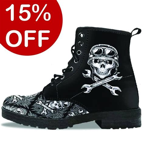 Mens Skull Motif Gothic Biker Boots Vegan Friendly Leather Black