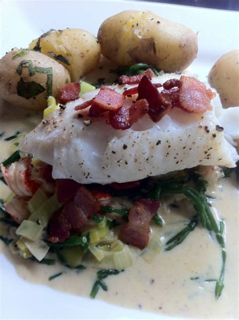 Haddock With Creamed Leeks Samphire Crayfish And Smoked Bacon