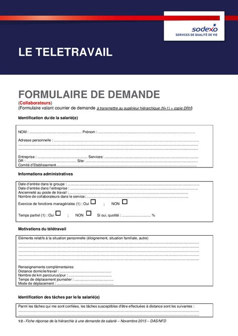 Télétravail Formulaire Demande Guide du Télétravail SODEXO