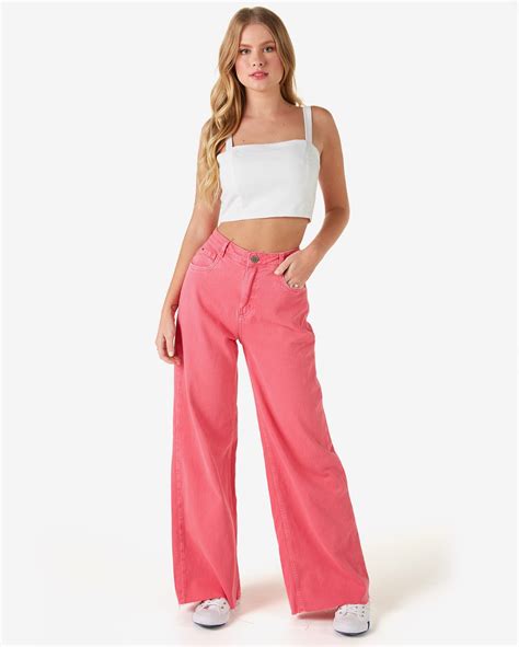 Riachuelo Calça Jeans Color Feminina Wide Leg Five Pockets Rosa