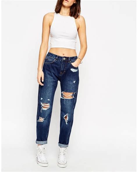 Asos Original Mom Jeans In Dark Wash Blue With Rips In Blue Darkwash Lyst