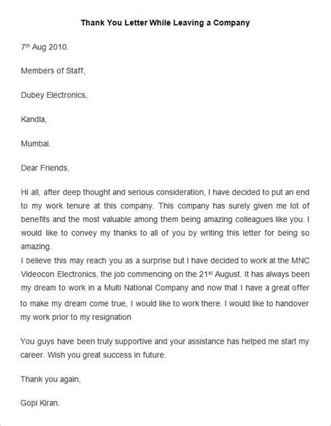 Thank You Note For Employee Leaving