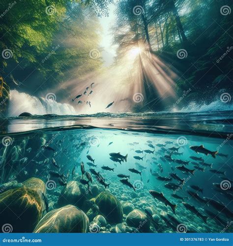 A School of Salmon Fish Goes To Spawn. Generative AI Stock Image - Image of caviar, wildlife