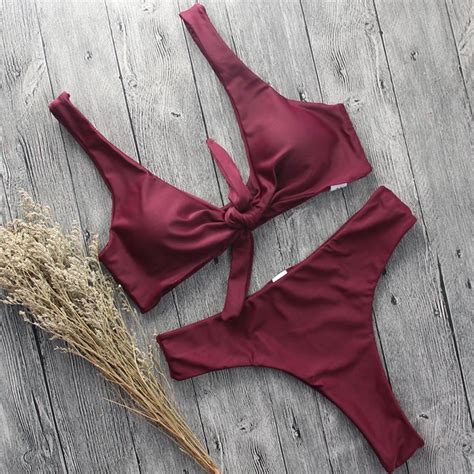 Sexy Solid Color Tied Up Bikini Set Sexy Swimwear Swimsuit Hollow Out