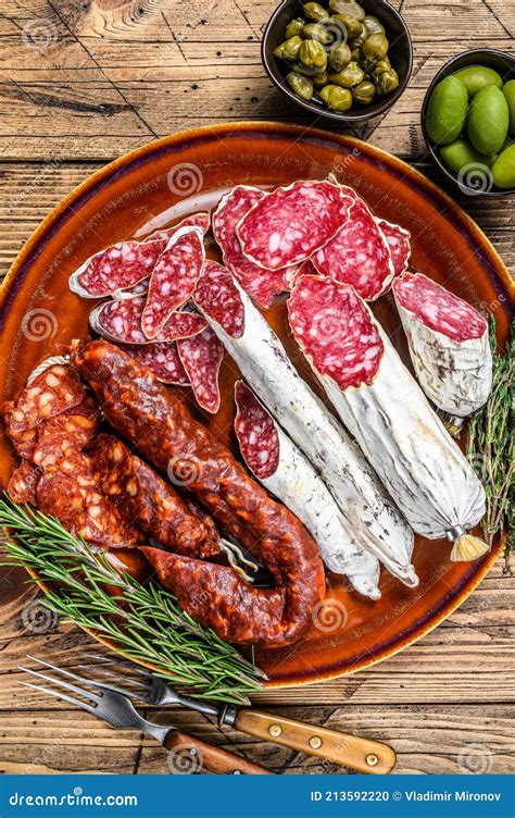 Spanish Charcuterie With Sliced Sausages Salami Fuet And Chorizo On A