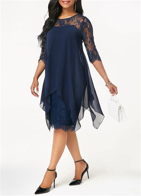 Chiffon Overlay Navy Blue Three Quarter Sleeve Lace Dress Rosewe