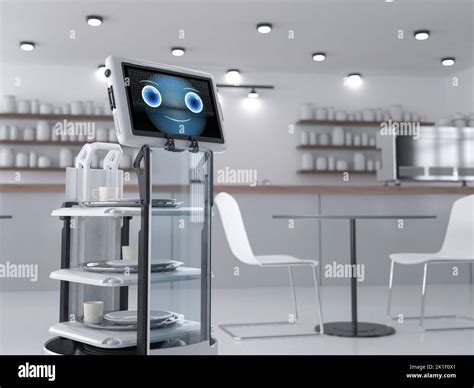 Automation Cafe With 3d Rendering Robotic Assistant Or Service Robot