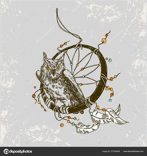 Sketch Tattoo Boho Owl And Dreamcatcher Vintage Style Stock Vector