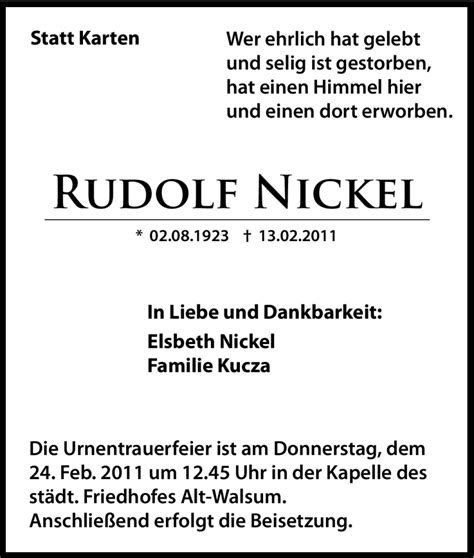 Traueranzeigen Von Rudolf Nickel Trauer In Nrw De