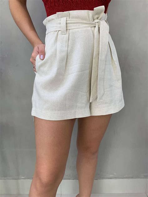 Short Linho El Stico Cinto Pregas Cr Lavinny Store