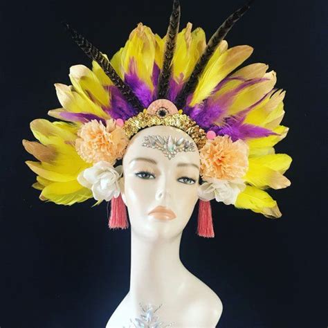 Yellow Pastel Feather Carnival Festival Floral Head Dress Head Etsy