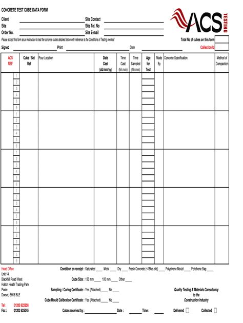 Fillable Online Acsgroupofcompanies Co Concrete Test Cube Data Form