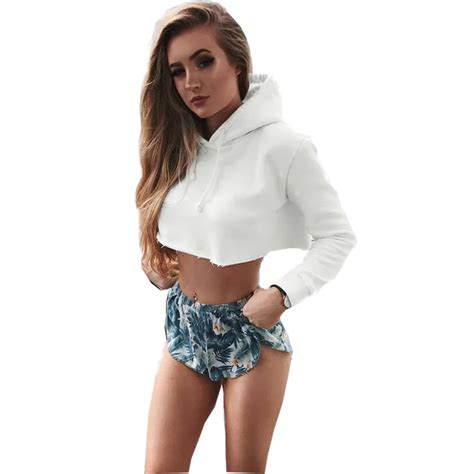 2018 Autumn Women Sexy Hoodies Solid Crop Hoodie Long Sleeve Jumper Short White Hooded Pullover