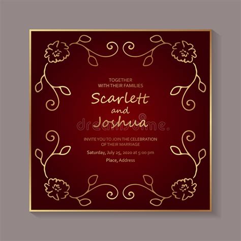 Invitation Design With Golden Floral Borders On A Red Background Stock