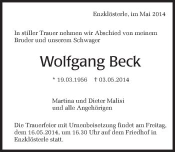 Traueranzeigen von Wolfgang Beck Schwarzwälder Bote Trauer