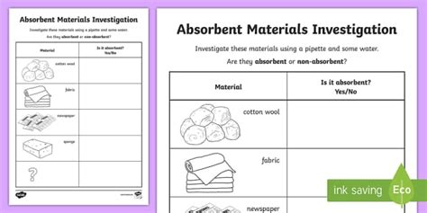 Absorbent and Non-Absorbent Materials Worksheet – Twinkl