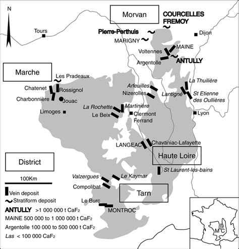 Carte Des Gisements De Fluorine Du Massif Central Français Lhégu Et Download Scientific