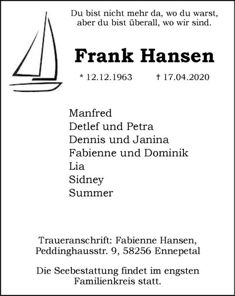 Traueranzeigen Von Frank Hansen Trauer In NRW De