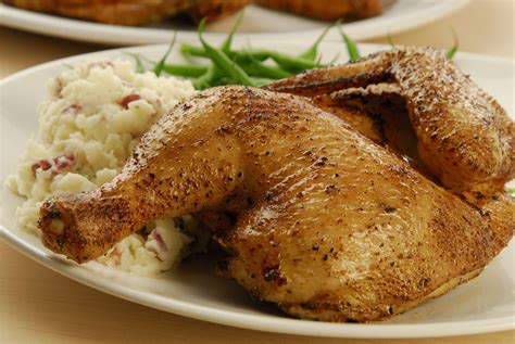 Roasted Half Chicken With Spices And Herbs Garlic Mashed Potatoes And French Green Beans