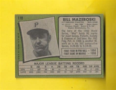 1971 Topps Bill Mazeroski 110 Pittsburgh Pirates EX EX MINT FREE