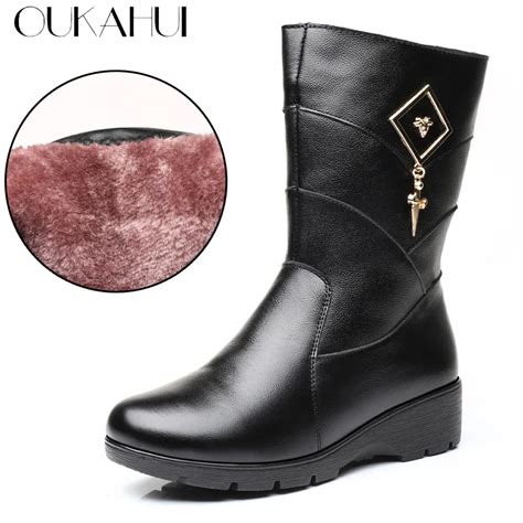 Oukahui Classic Black Genuine Leather Winter Mid Calf Boots Women