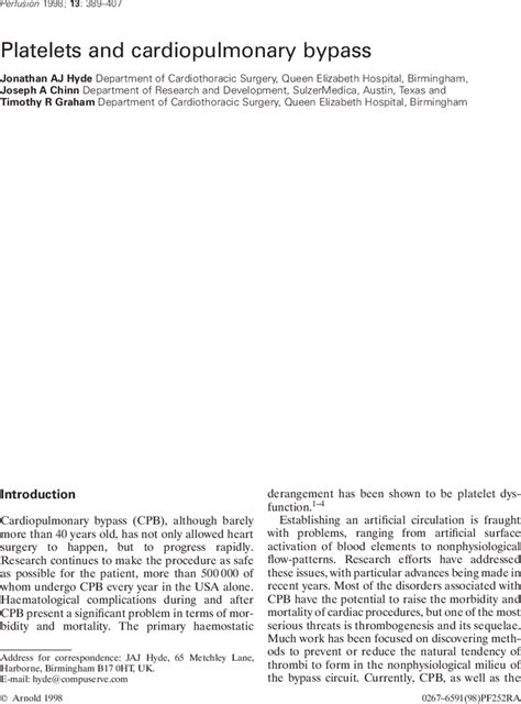 Platelets And Cardiopulmonary Bypass Jonathan Aj Hyde Joseph A Chinn Timothy R Graham 1998