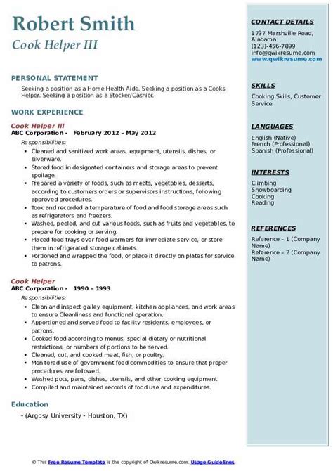 Cook Helper Resume Samples Qwikresume