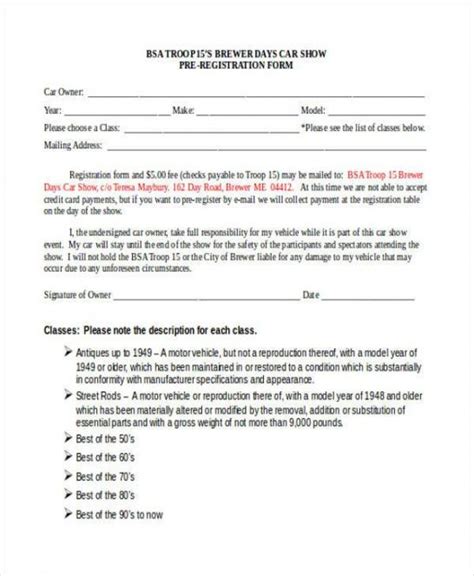 Costum Car Show Registration Form Template Doc Sample Minasinternational