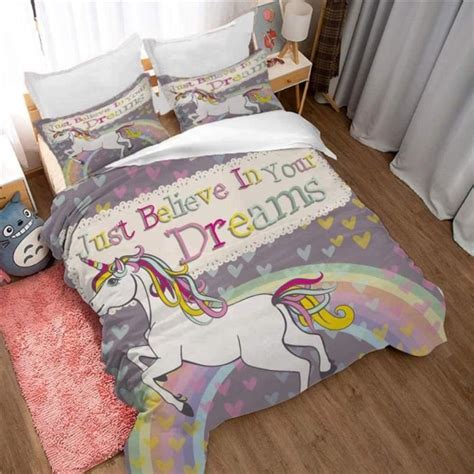 Housse De Couette 140x200cm Licorne Arc En Ciel Microfibre Avce 2 Taies