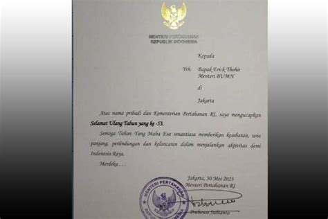 Menhan Prabowo Kirim Surat Ucapan Ulang Tahun Ke Erick Thohir